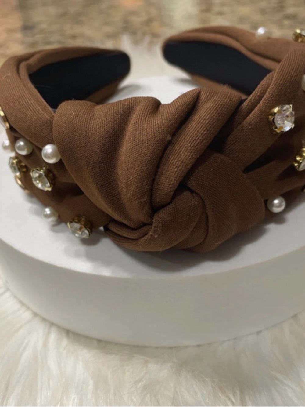 Embellished Knotted Headband in Brown with Pearls and Crystals - Picture 3 of 5